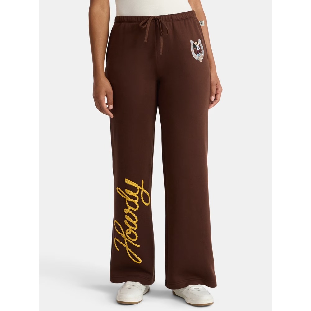Mickey Mouse Sweatpants Womens Horseshoe Brown Wide Leg Joggers Cowboy Disney XS
